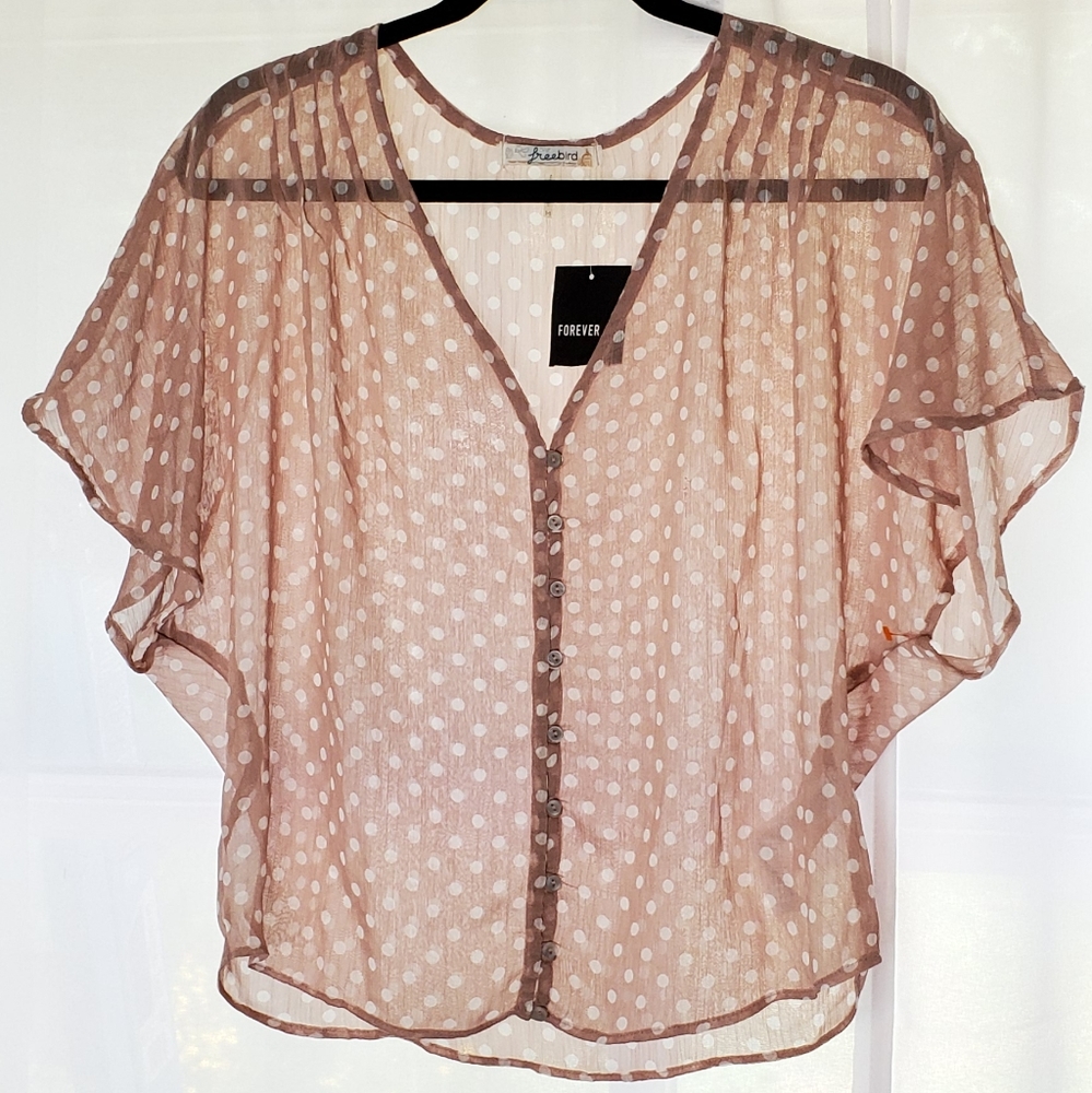 🌷 NWT F21 Freebird sheer polka dot v-neck blouse